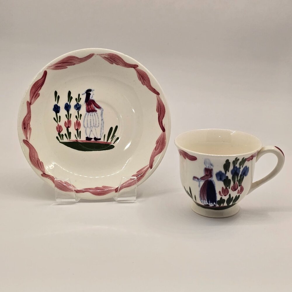PV France Breton Woman Demitasse Cup and Saucer Quimper Handpainted - CHIPPED
